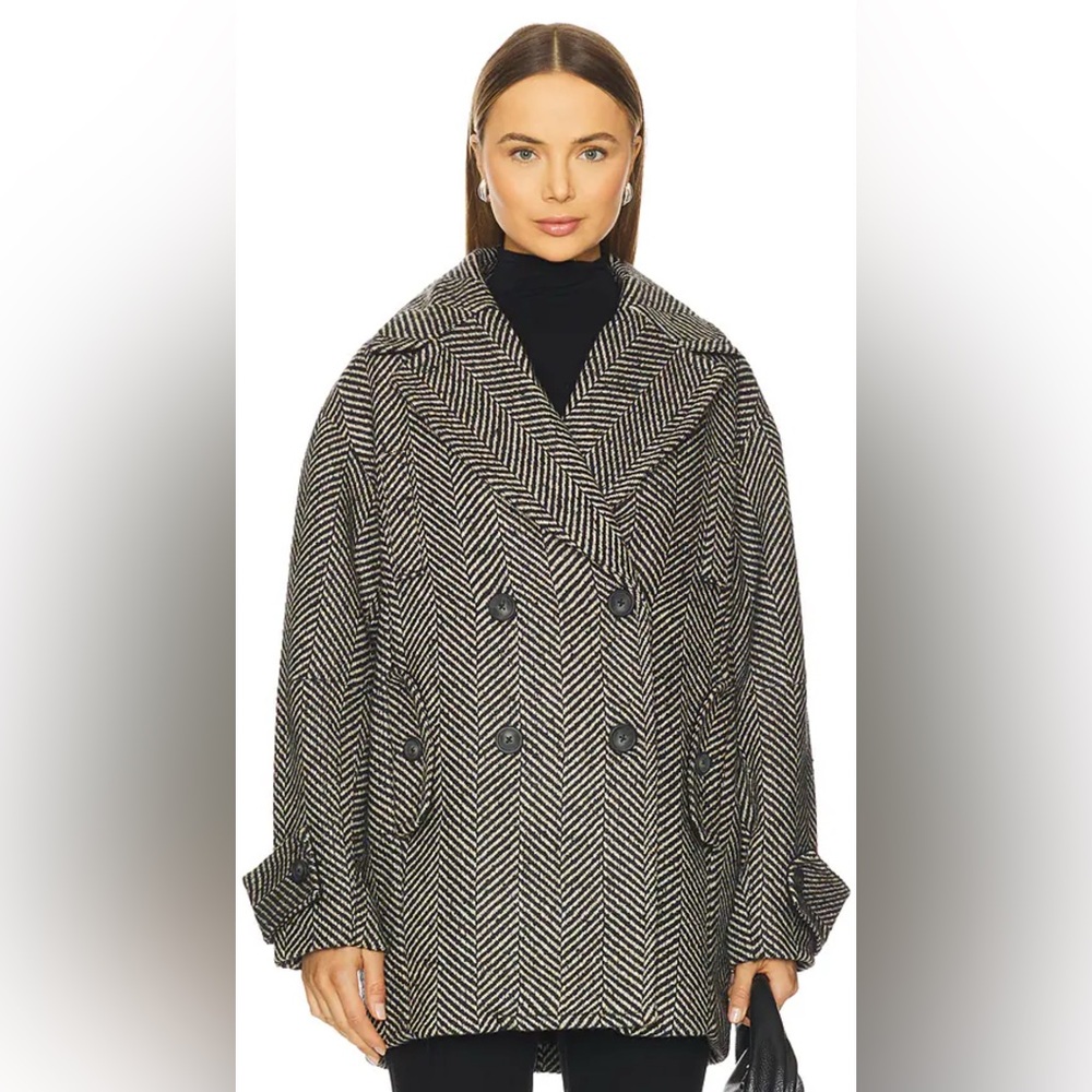 Free People Black and White Herringbone Pea Coat